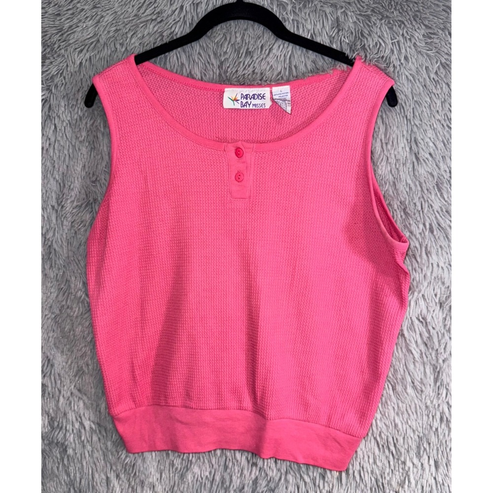 Paradise Bay Misses Hot Pink Waffle Knit Henley Tank Top Size L